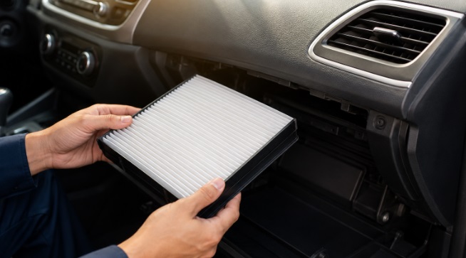 Professional technician replacing a clean cabin air filter at one of the trusted Philadelphia auto repair shops